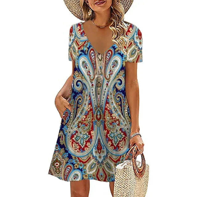 Women's Casual Dress Summer Dress Print Dress Floral Print V Neck Mini Dress Active Fashion Outdoor Daily Short Sleeve Regular Fit Black And White Olive Green Colourful Summer Spring S M L XL XXL