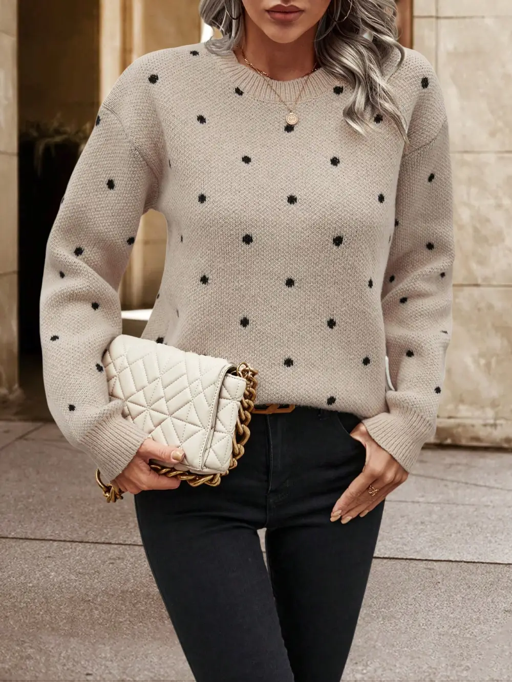 Polka Dot Pattern Drop Shoulder Sweater