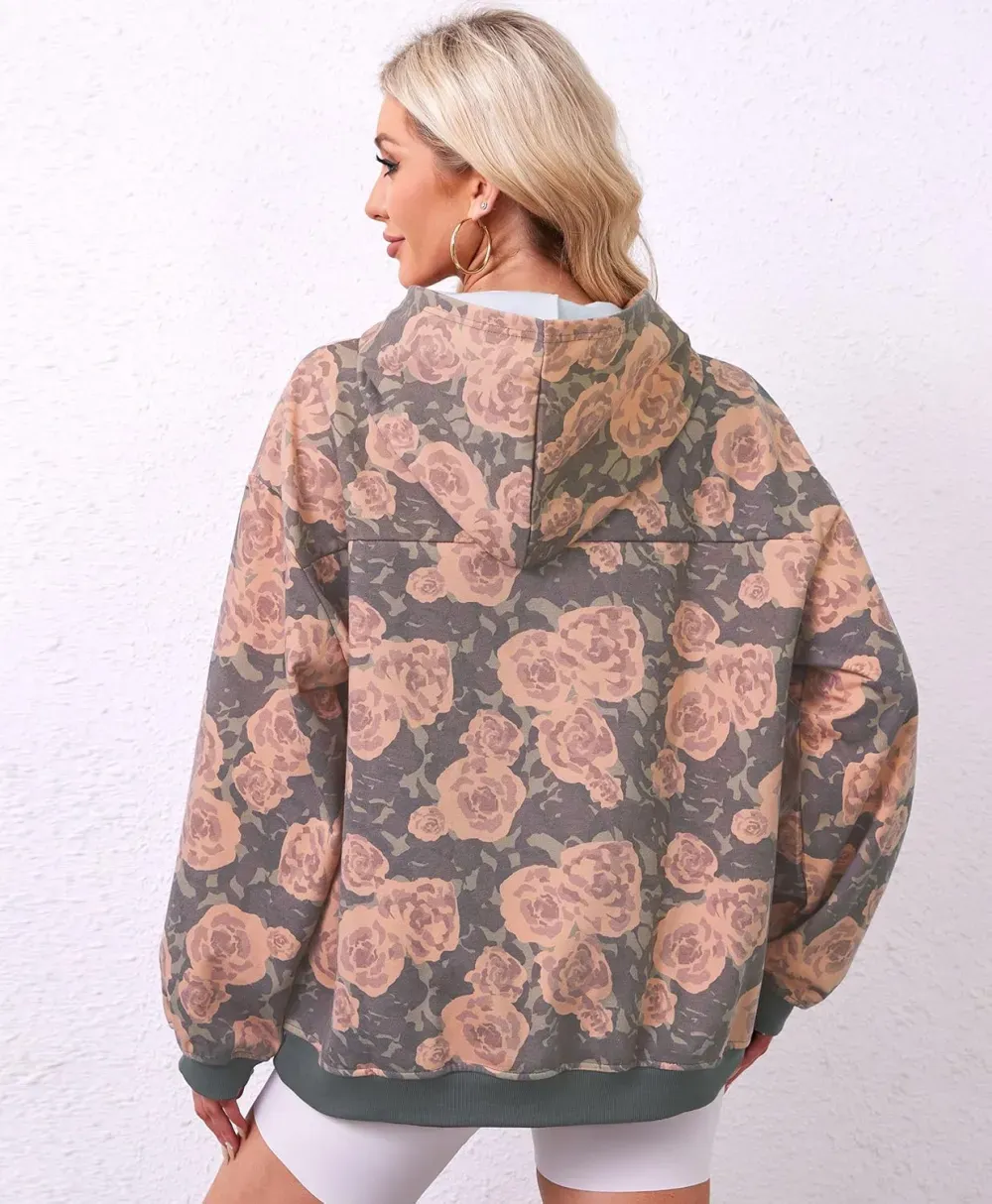 Womens Camo Hoodies Maple Leaf Print Oversized Hooded Sweatshirt Fleece Pullover Sweatshirts Long Sleeve with Pocket