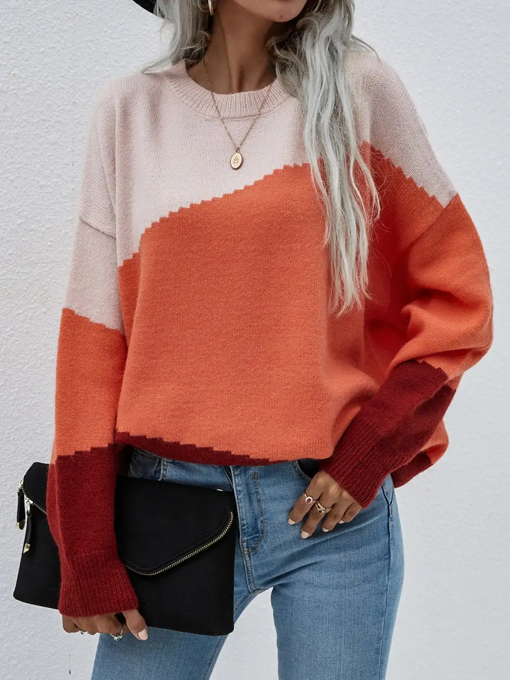Color Block Dropped Shoulder Pullover Sweater