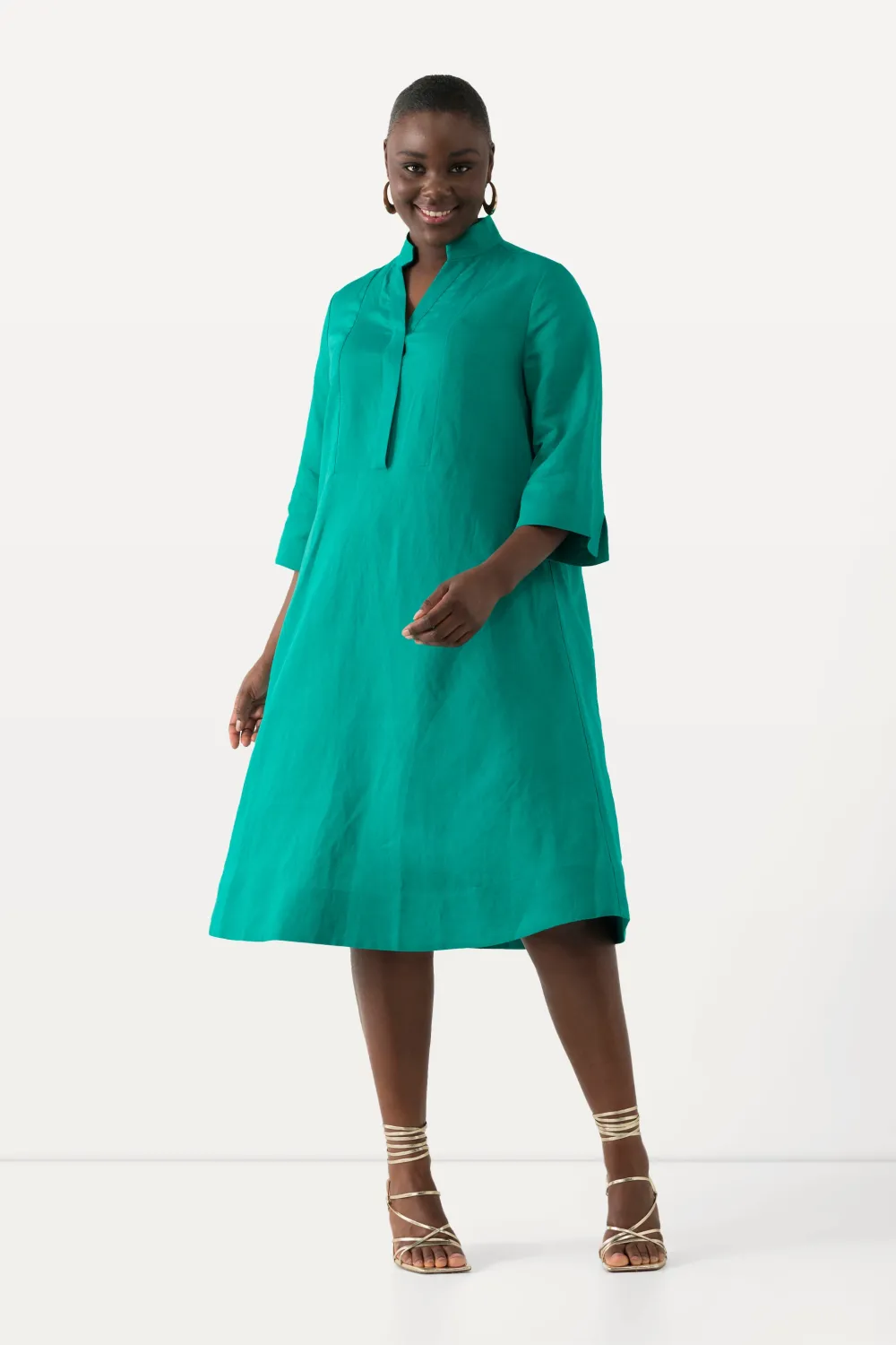 Midikleid, Leinenmix, A-Linie, V-Ausschnitt, 3/4-Arm