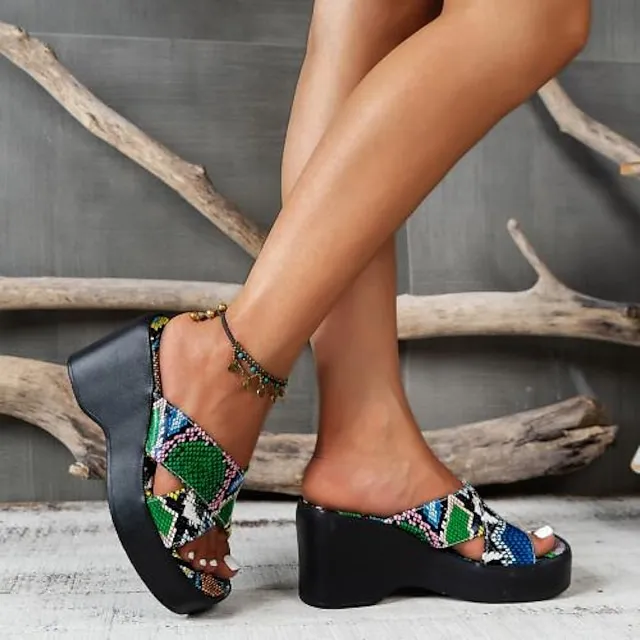 Women's Sandals Slippers Wedge Sandals Platform Sandals Plus Size Daily Beach Summer Platform Wedge Heel Open Toe Vintage Casual Faux Leather Loafer Color Block Black / White Snake pattern Black
