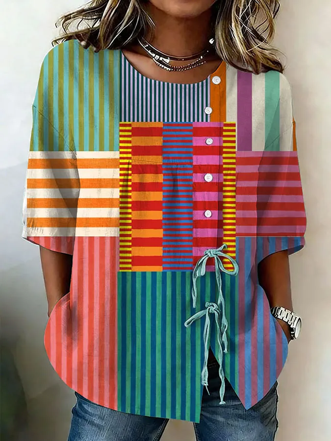 Women'S Color Blocked Striped Contrast Art Printed Casual Shirt