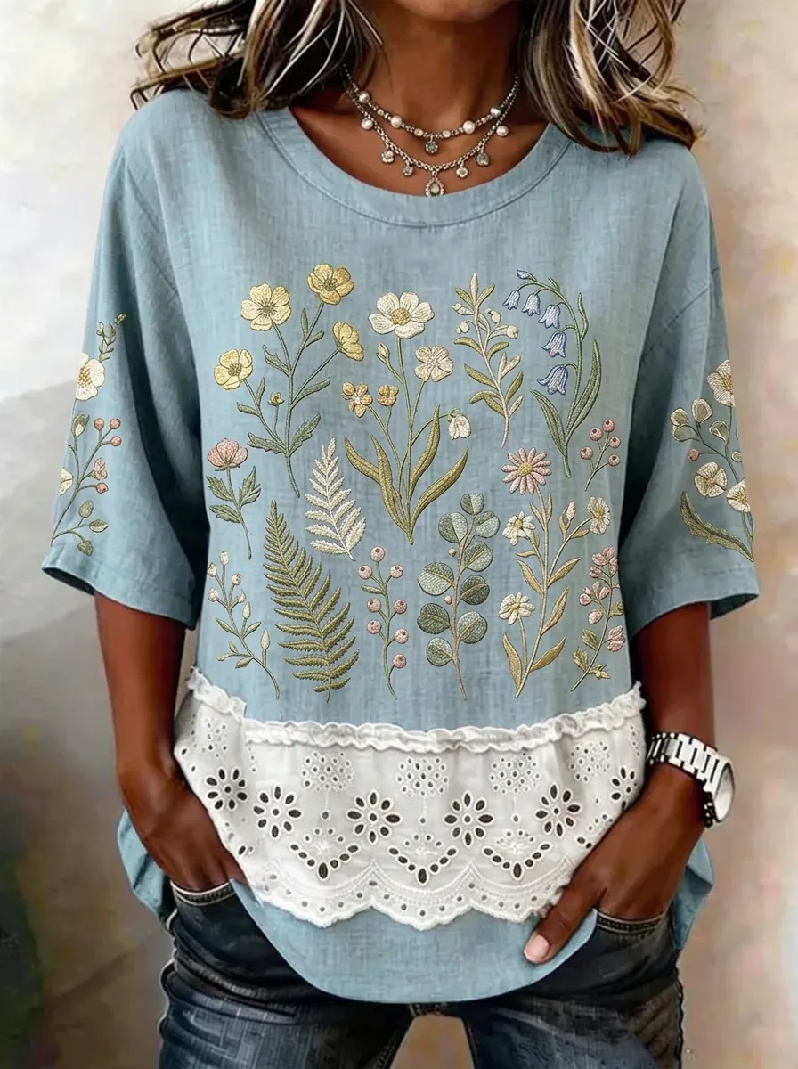 Women's Nashville Botanical Floral Embroidered Printed T-shirt