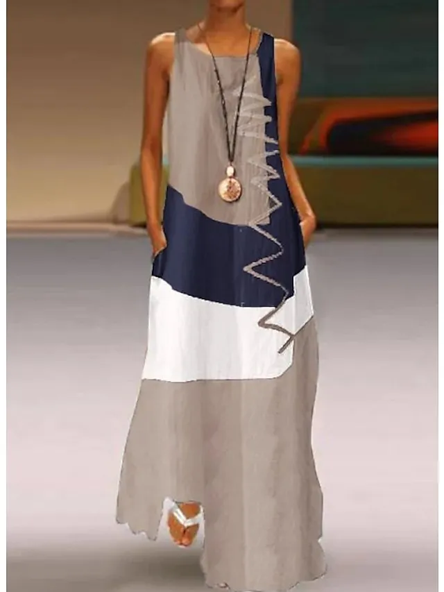 Women's Casual Dress Boho Dress Long Dress Maxi Dress Blue Khaki Red Sleeveless Graphic Print Fall Spring Summer Crew Neck Fashion Daily Vacation Summer Dress 2023 S M L XL XXL 3XL 4XL 5XL