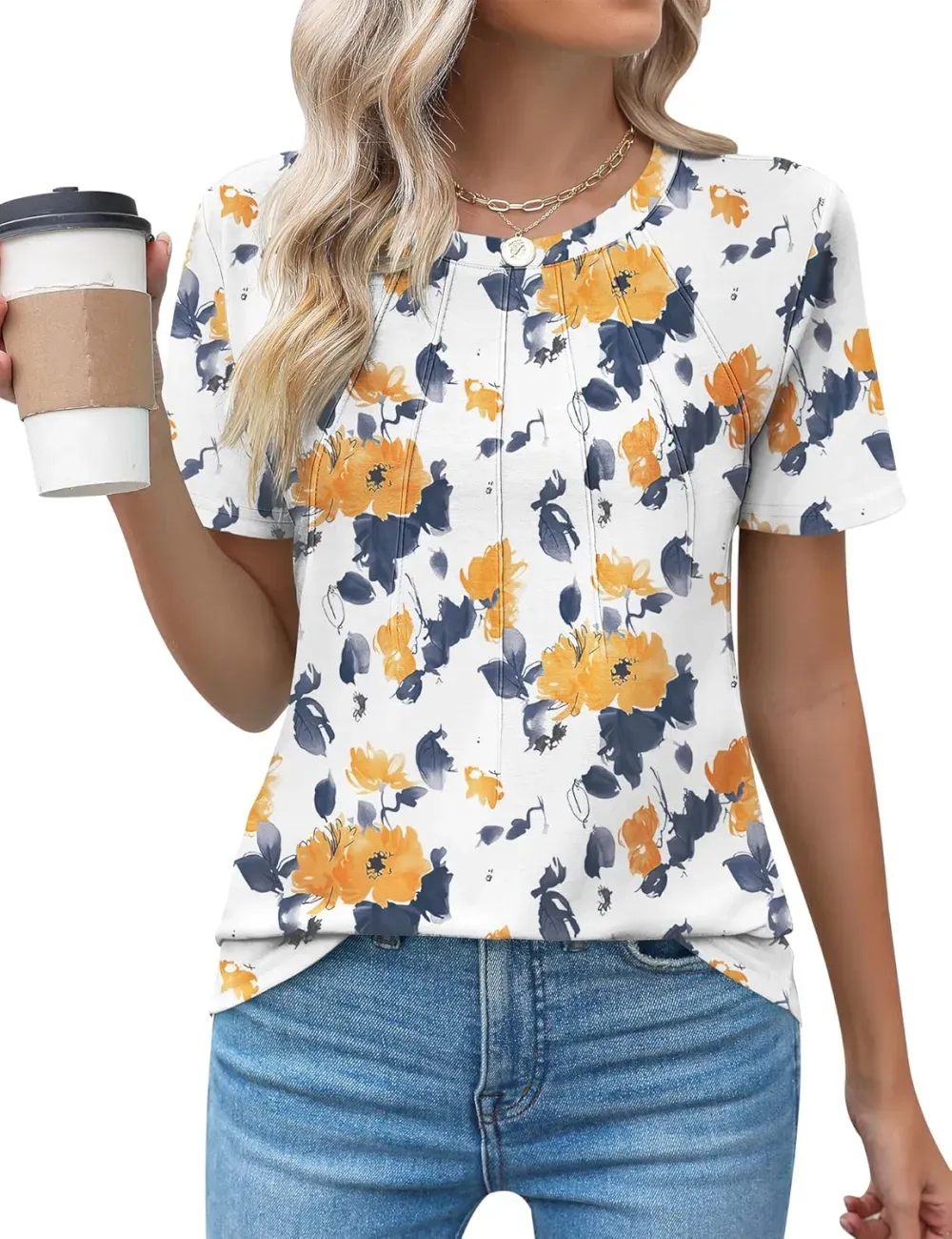 Kistore Womens Casual Crew Neck Short Sleeve Pleated Tops Blouses Fashion Clothes 2024