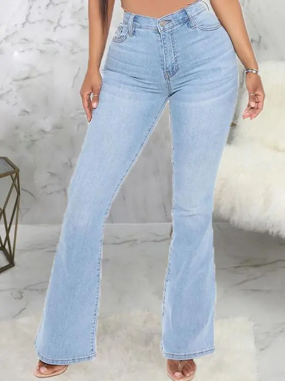 Solid Washed Denim Stretch Slim Flared Pants