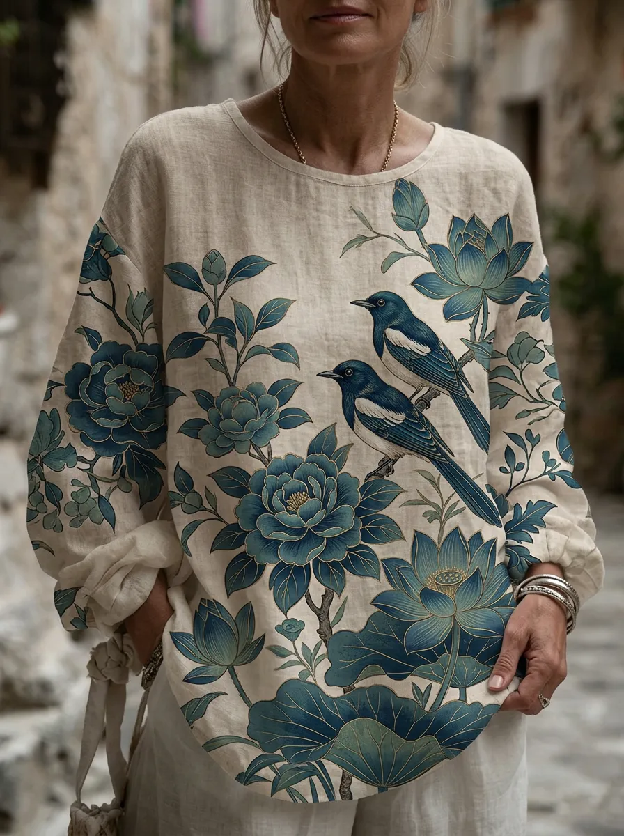 Women's Nashville Floral Bird Printed Linen Long Sleeve Top