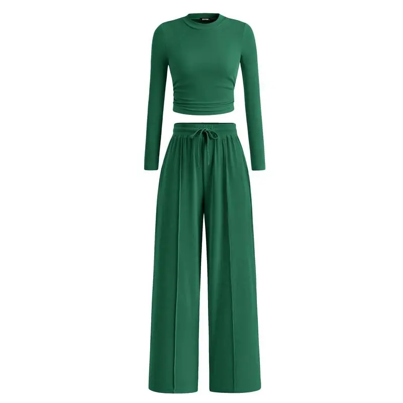 2-Piece Ribbed Knit Long Sleeve Crop Top Wide Leg Pants
