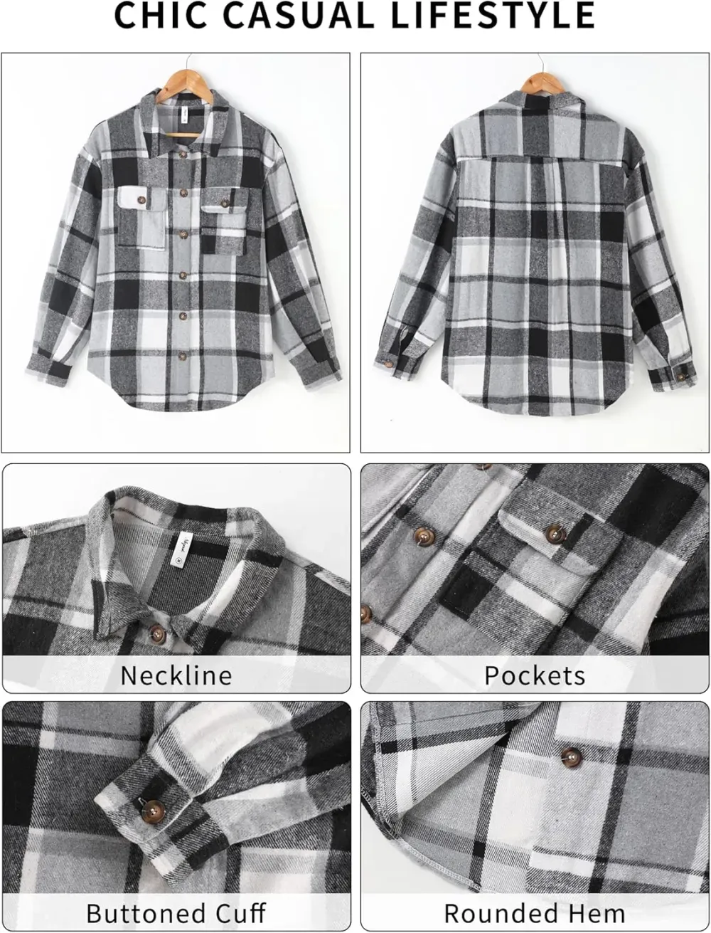 Women's Casual Plaid Flannel Shacket Jacket Oversized Button Down Long Sleeve Fall Shirts Jacket Lapel Coats Tops
