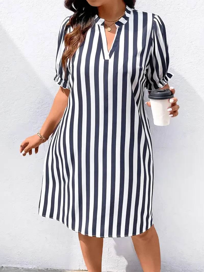 Large Size Women's Trumpet Short Sleeve Striped Print Simple Daily Dress 10K+ sold Sold by Miss YuChen