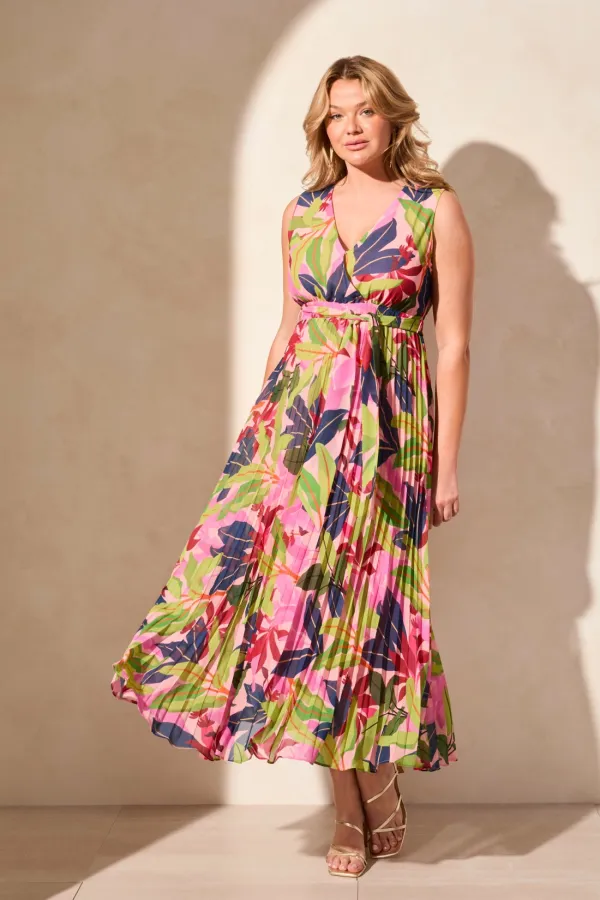 Sleeveless Plissé Maxi Dress-Teaberry