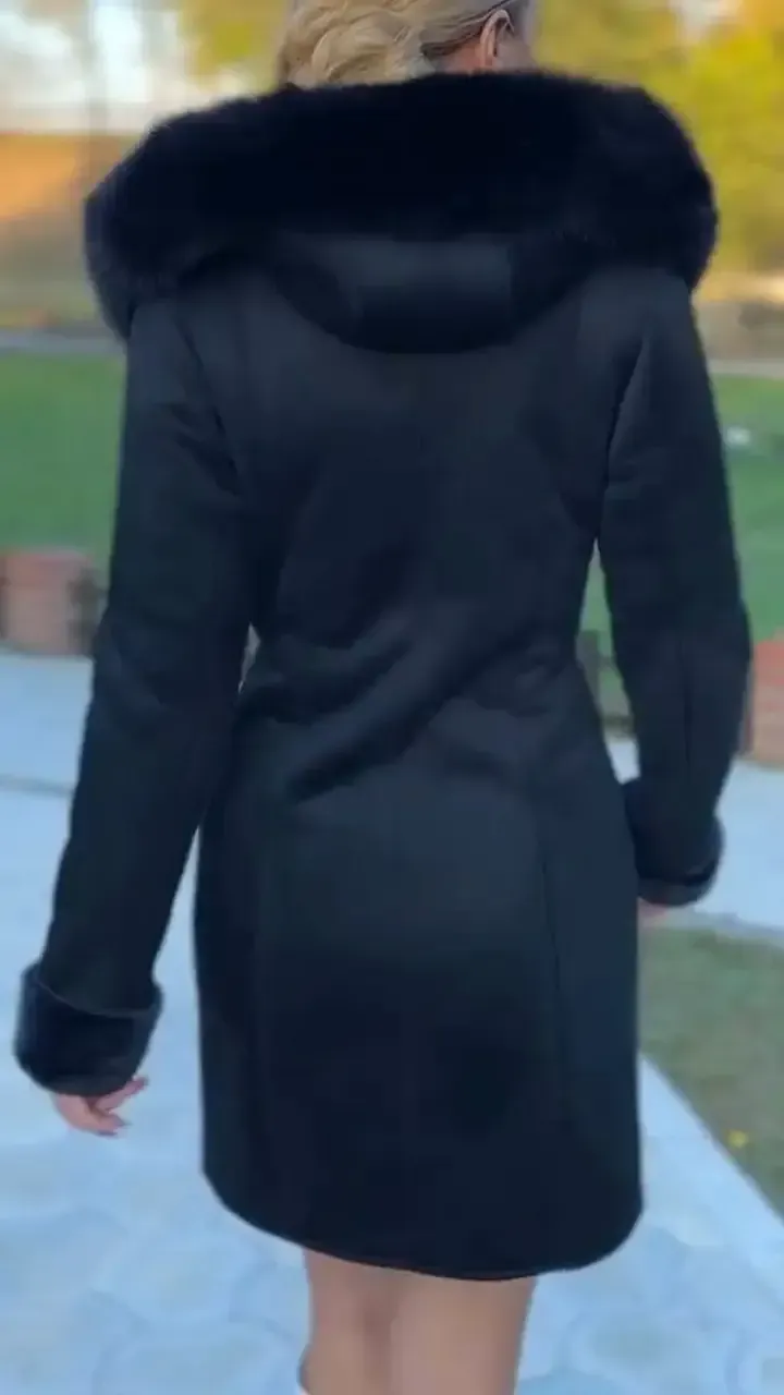 Women's Fur Hooded Zip-up Slim Coat