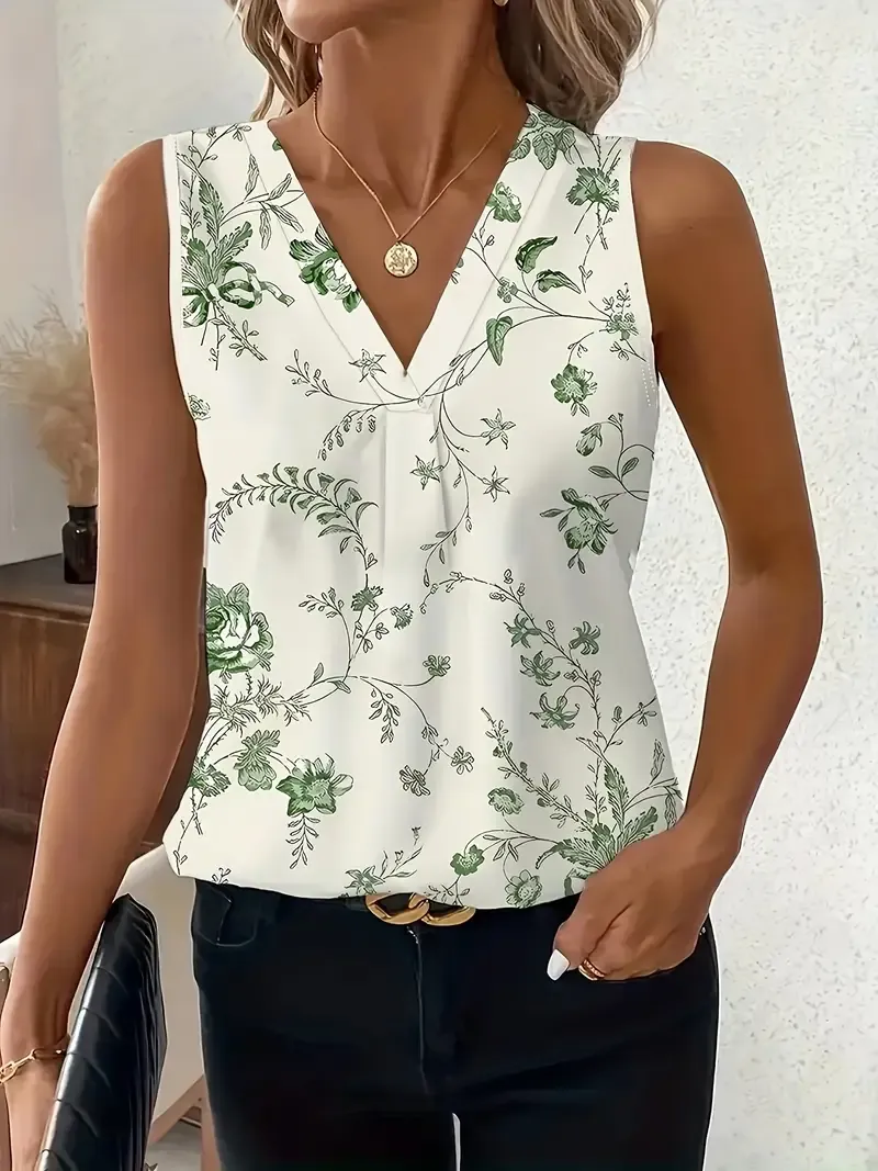 Women'S Floral Print Sleeveless V-Neck Vest, Elegant Polyester Knit Fabric, Regular Fit, Stretch Pullovers for Spring/Summer/Fall, Casual Weekend Wear
