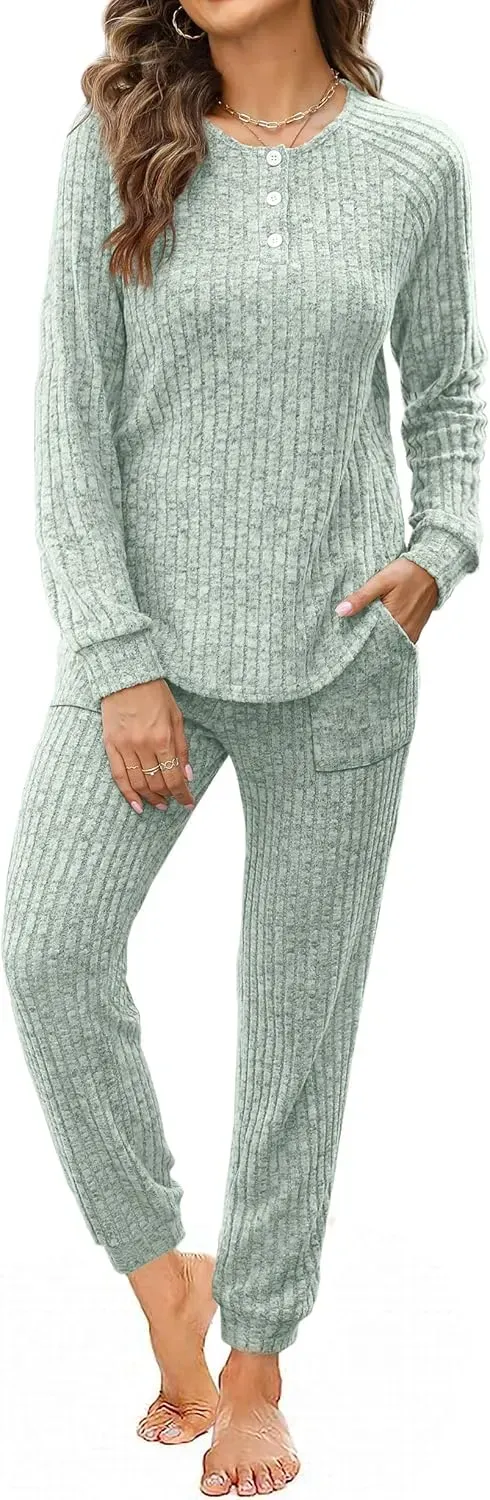 Two Piece Outfits for Women Lounge Sets Button Down Sweatshirt Sweatpants Sweatsuits Set with Pockets