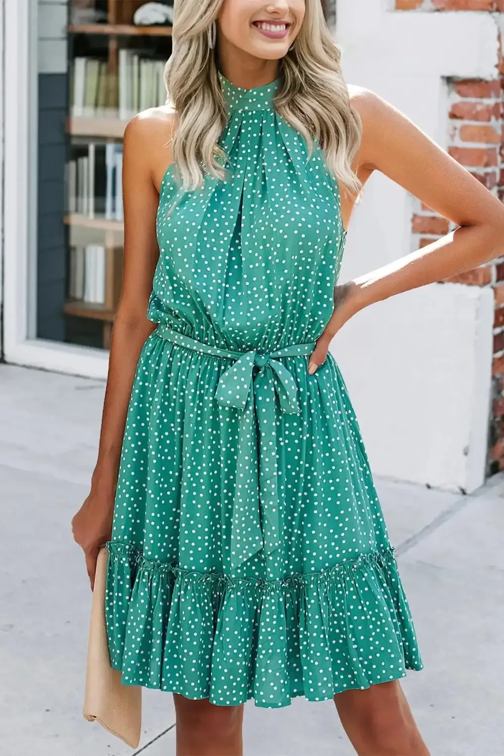 Halter Neck Summer Loose Sleeveless  Ruffle Belt Boho Floral Dress