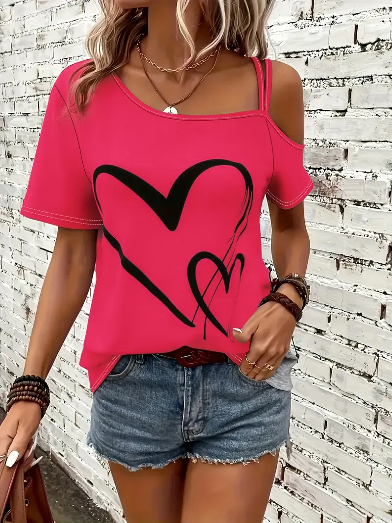 Heart Print Slant Shoulder T-shirt, Casual Short Sleeve Top For Spring & Summer, Women's Clothing
