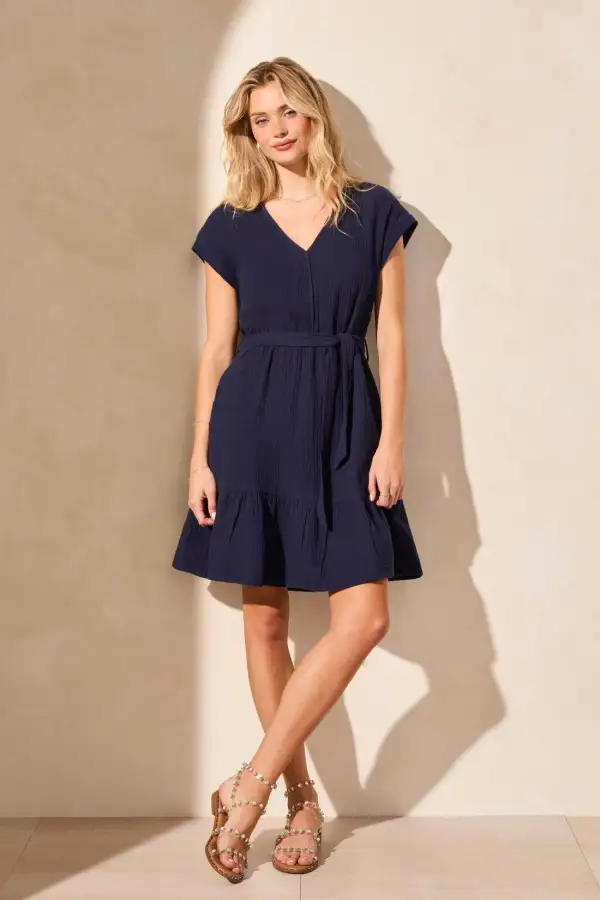 Cotton Gauze Cap Sleeve Dress With Waist Tie-Nautical