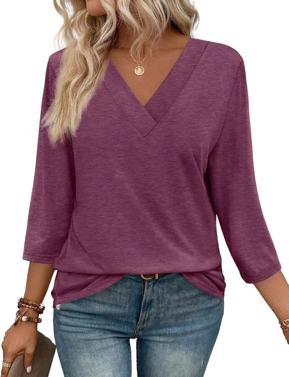 ⏰Hot Sale-Women's V Neck 3/4 Long Sleeve Tops Loose Fit Blouse