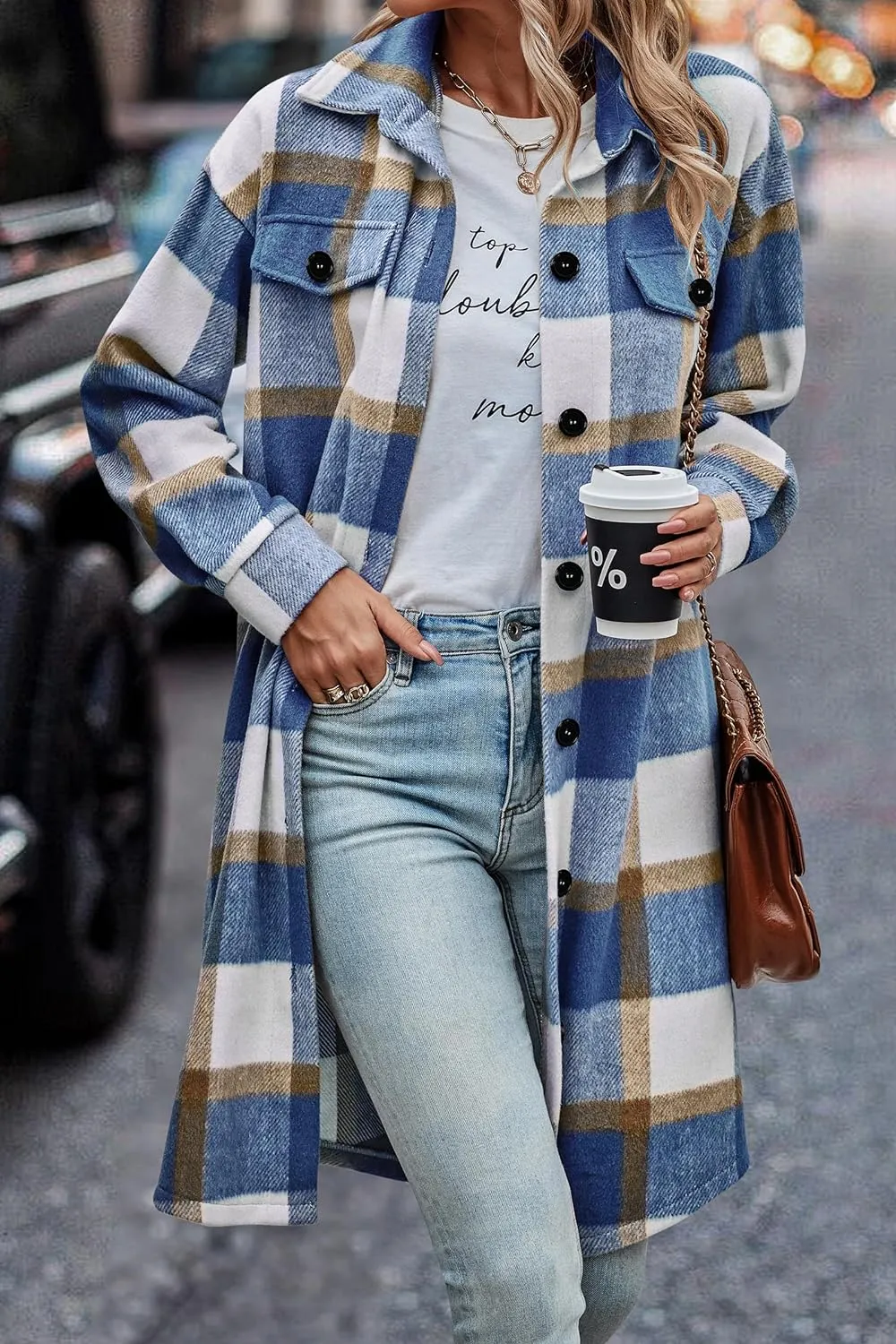 Women's Plaid Shacket 2023 Long Sleeve Button Up Flannel Shirt Winter Tartan Jacket Woolen Coats