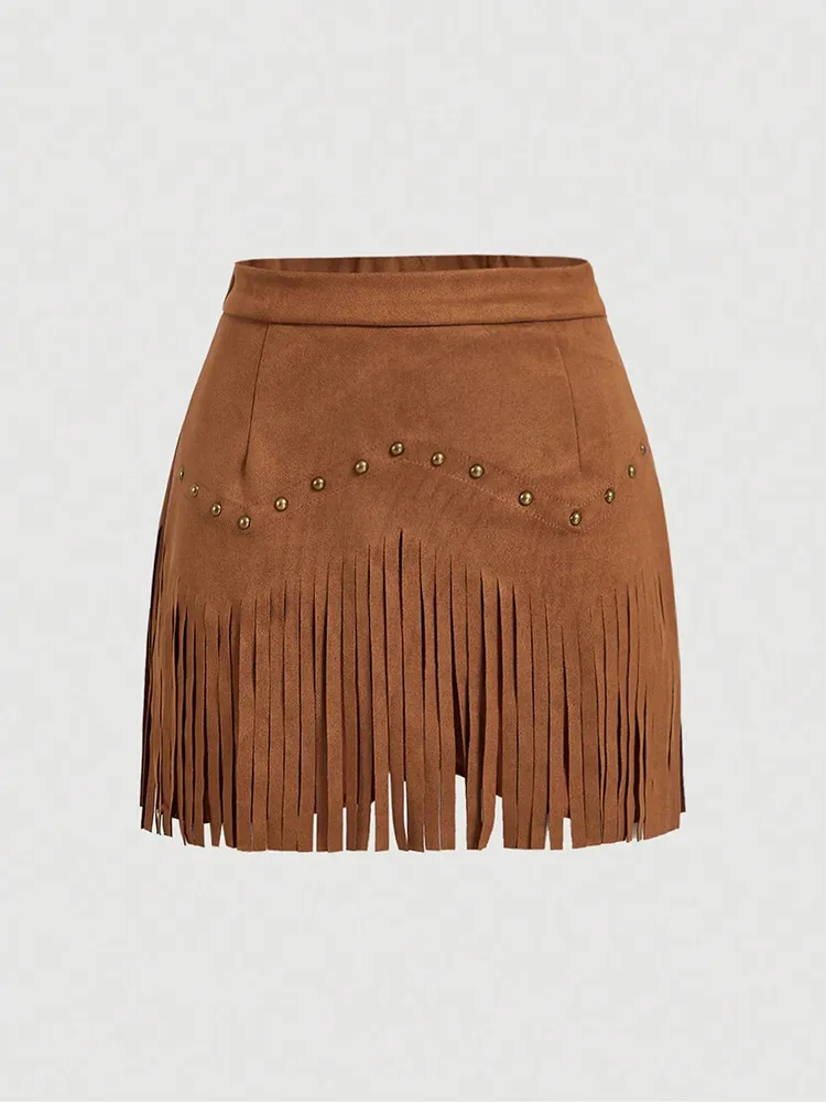 Women'S Vintage Hippie Rivet Fringe Brown Suede A-Line Skirt