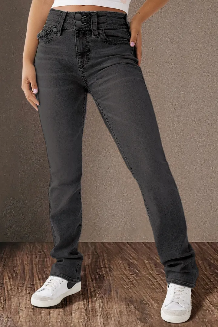Double Button Mid Waist Straight Leg Jeans