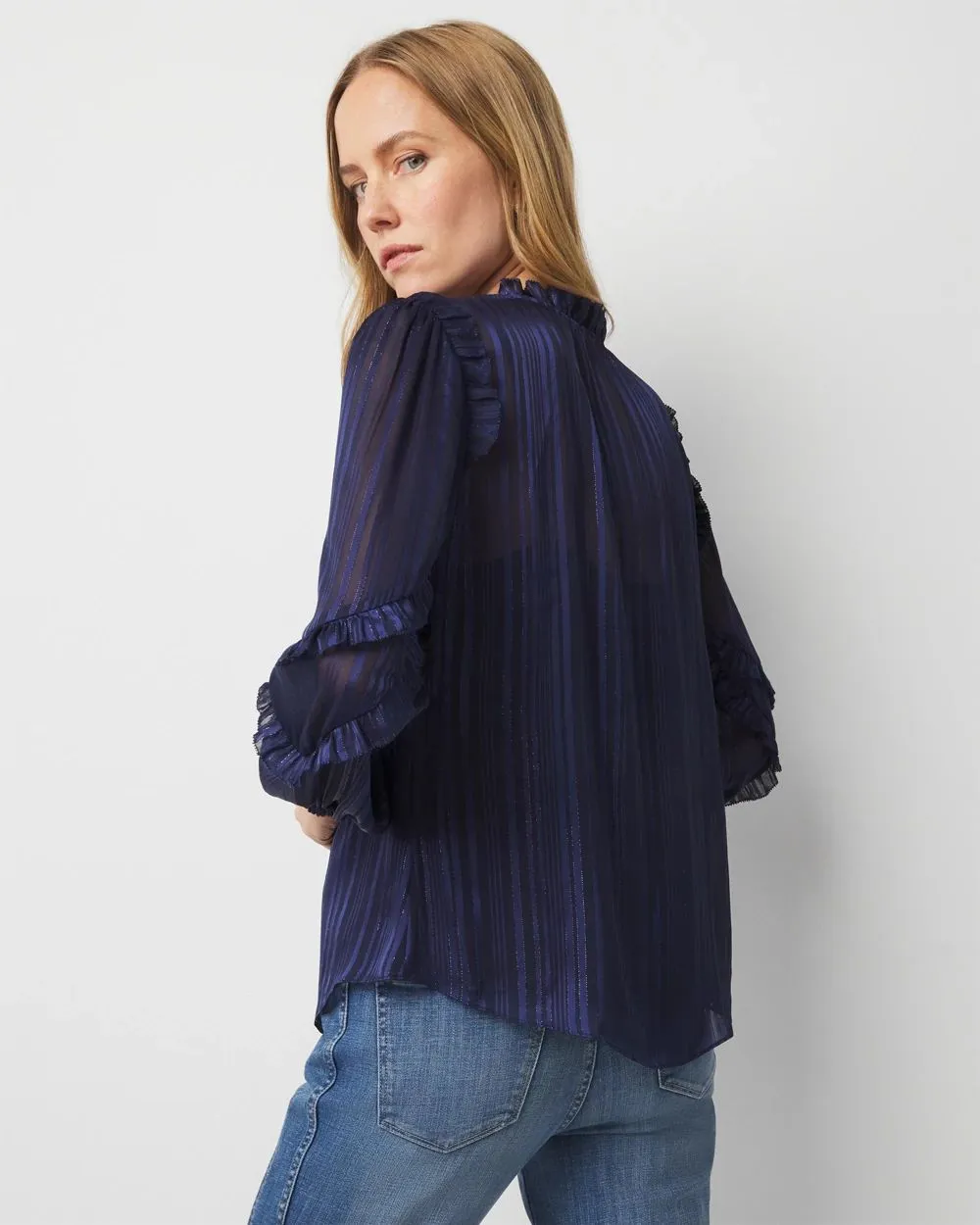 Ruffle Sleeve Sheer Striped Blouse
