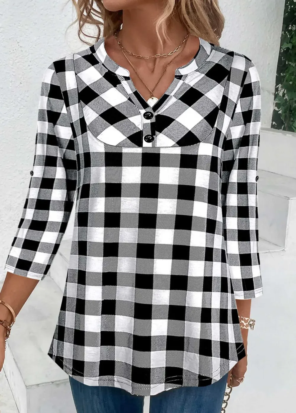 Black Button Plaid Three Quarter Length Sleeve Blouse