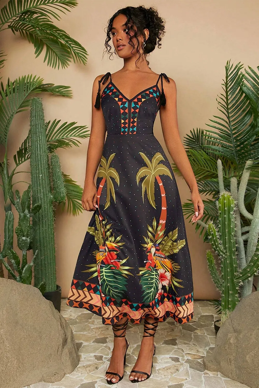 Plant Printed Shoulder Knot Summer Beach Women Dress