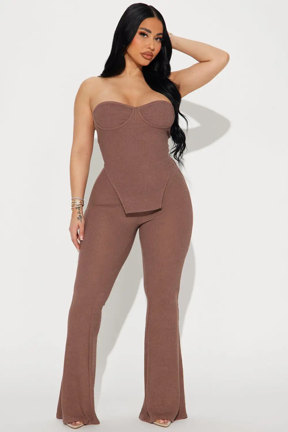 Call My Name Ribbed Pant Set - Mocha
