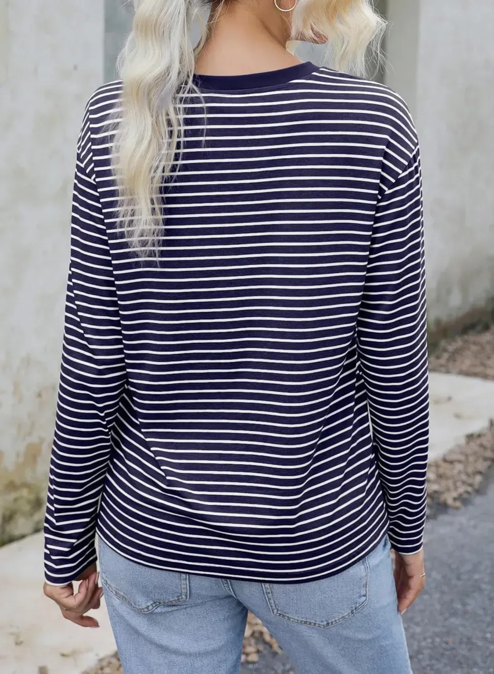 Dokotoo Women's Casual Striped Long Sleeve Tops Crew Neck Knit Ribbed Basic T Shirts