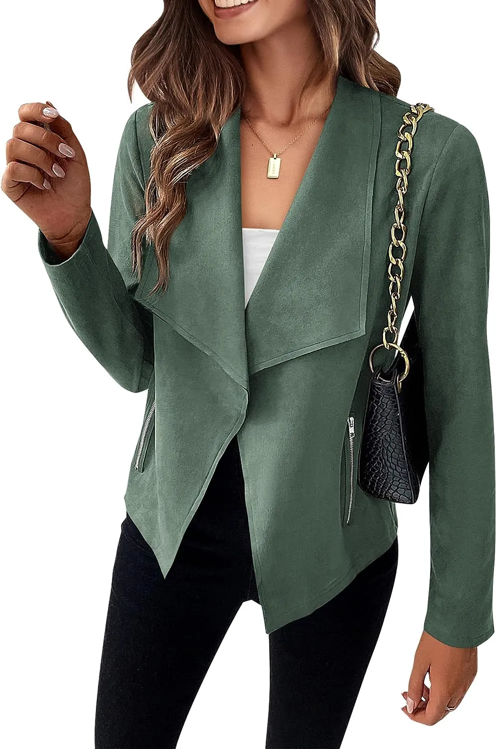 Women's Faux Suede Jackets 2023 Fall Clothes Long Sleeve Open Front Cropped Coat Outwear