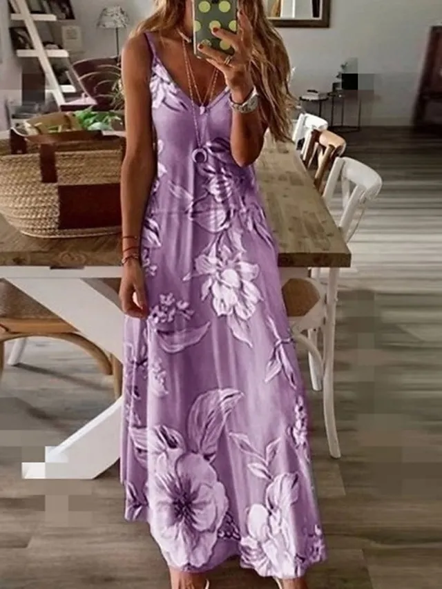 Women's Long Dress Maxi Dress A Line Dress Summer Dress Print Dress Floral Fashion Modern Daily Holiday Date Ruched Print Sleeveless V Neck Dress Regular Fit Pink Blue Purple Summer Spring S M L XL