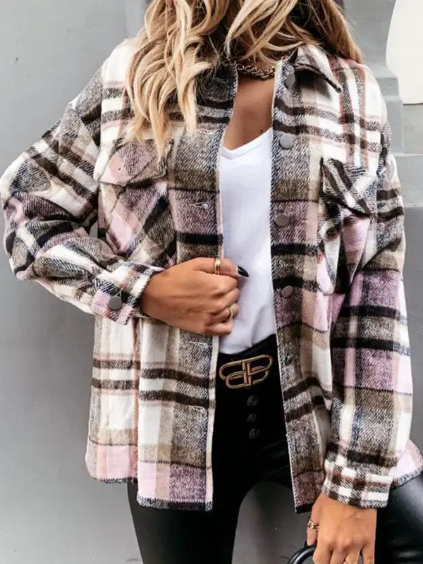 Long Sleeve Plaid Print Casual Jacket