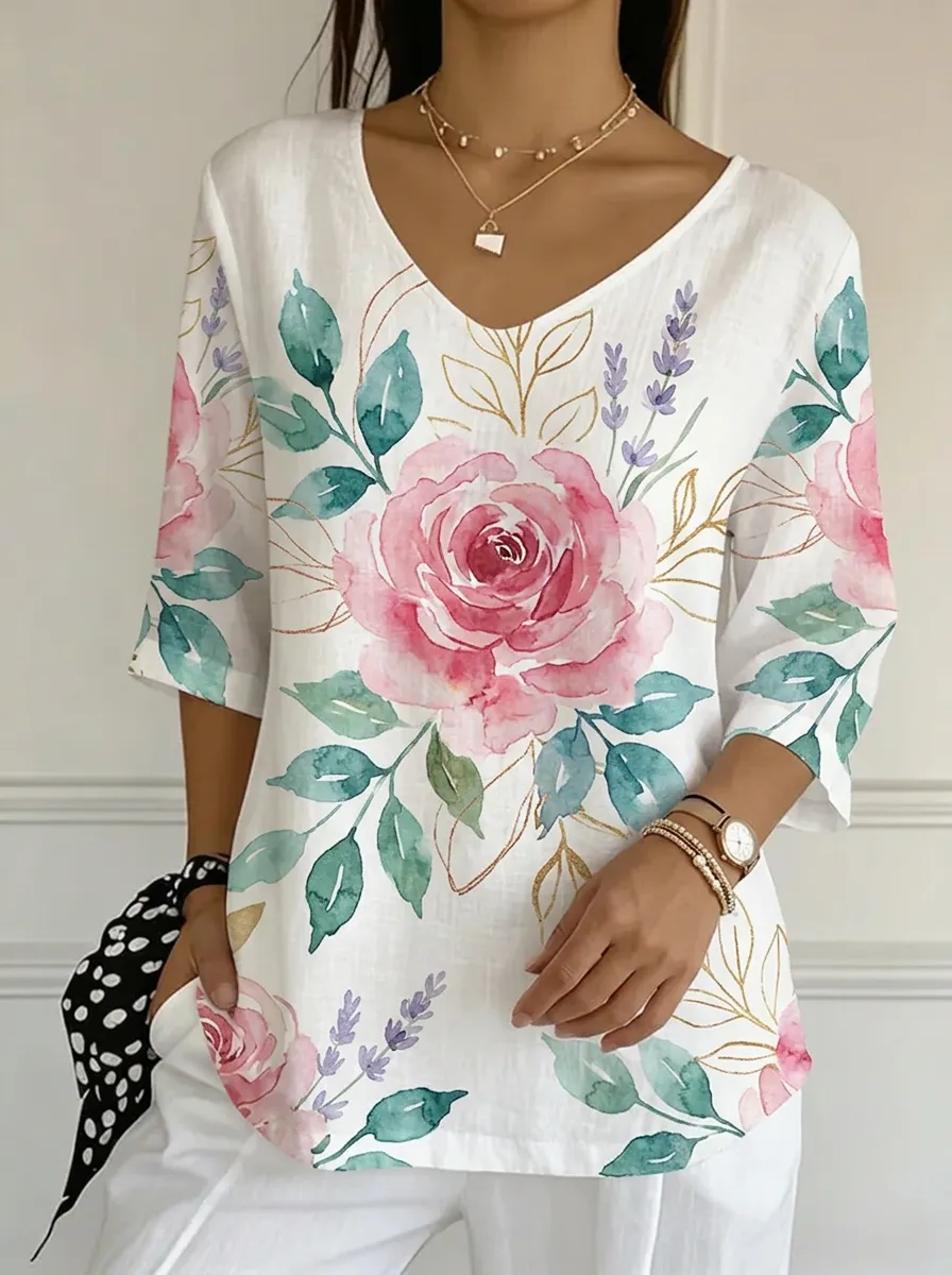 Women's Nashville Floral Watercolor Printed V-neck Top