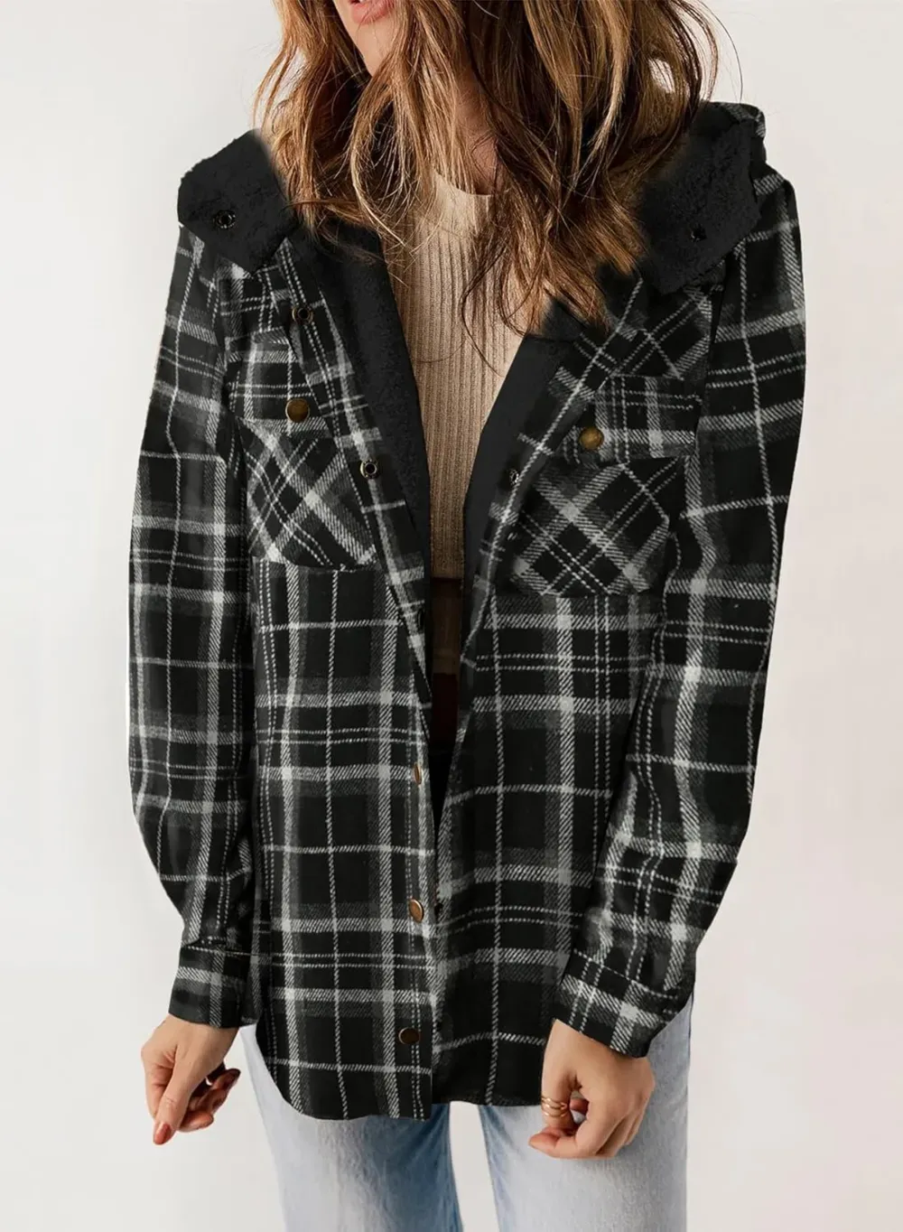 Womens Plaid Shacket Jacket Long Sleeve Button Down Fleece Hooded Jackets Warm Coat