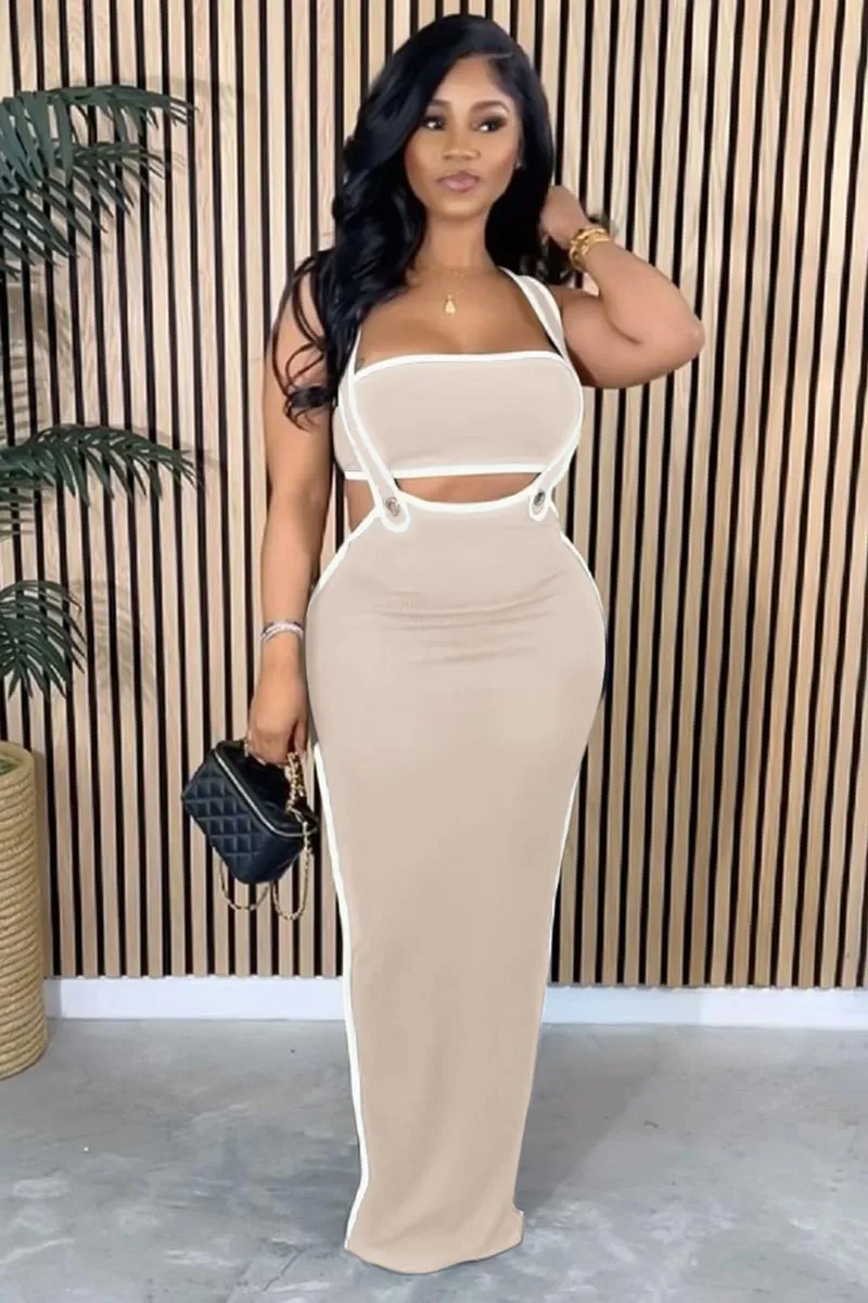 Colorblock Trim Crop Tube Top Bodycon Overall Maxi Dresses Matching Set-Black