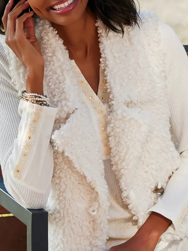 Women Casual Plain Autumn Natural Heavyweight Daily Sleeveless Shawl Collar Teddy Velvet Teddy Jacket