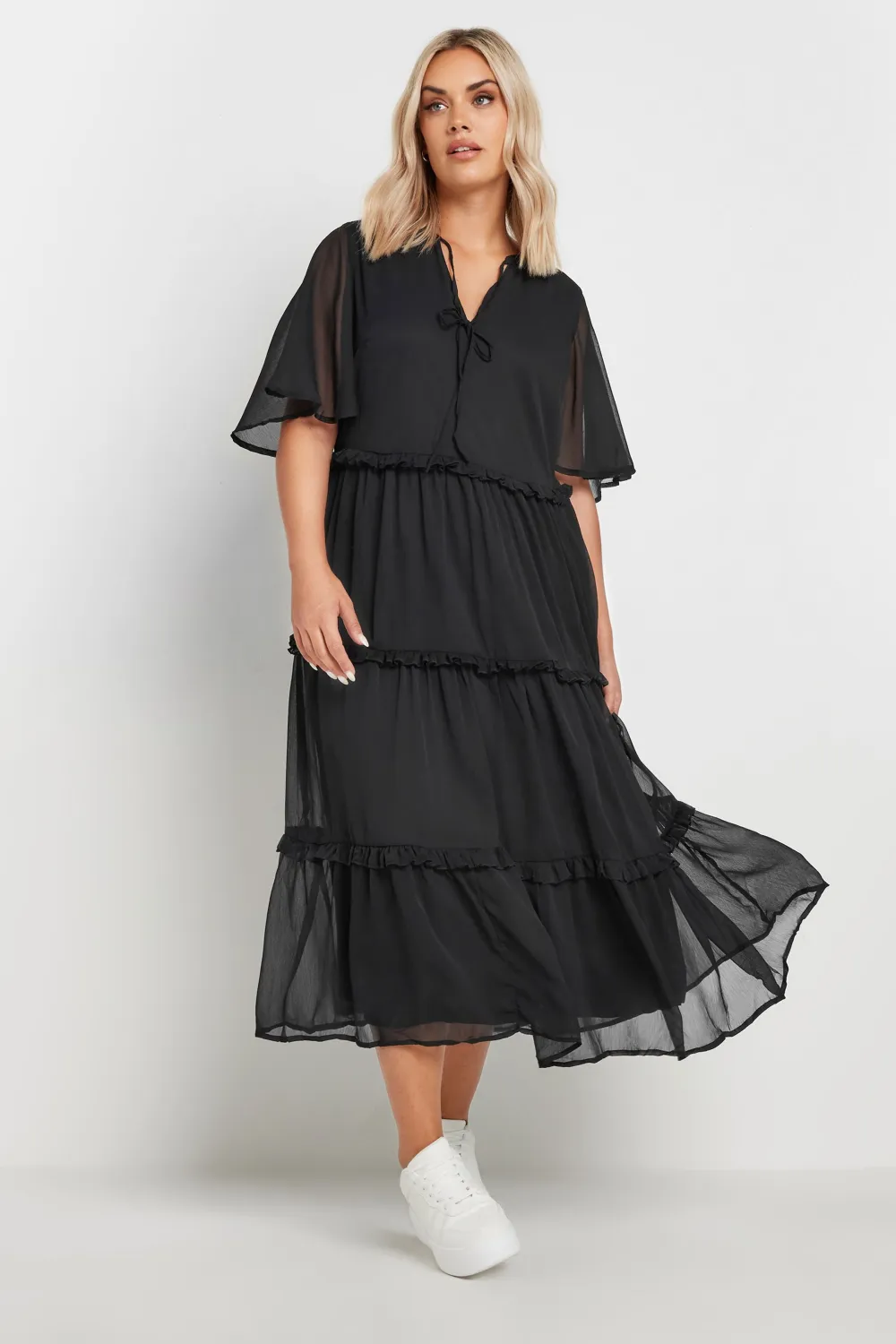 YOURS Curve Black Chiffon Tiered Midaxi Dress