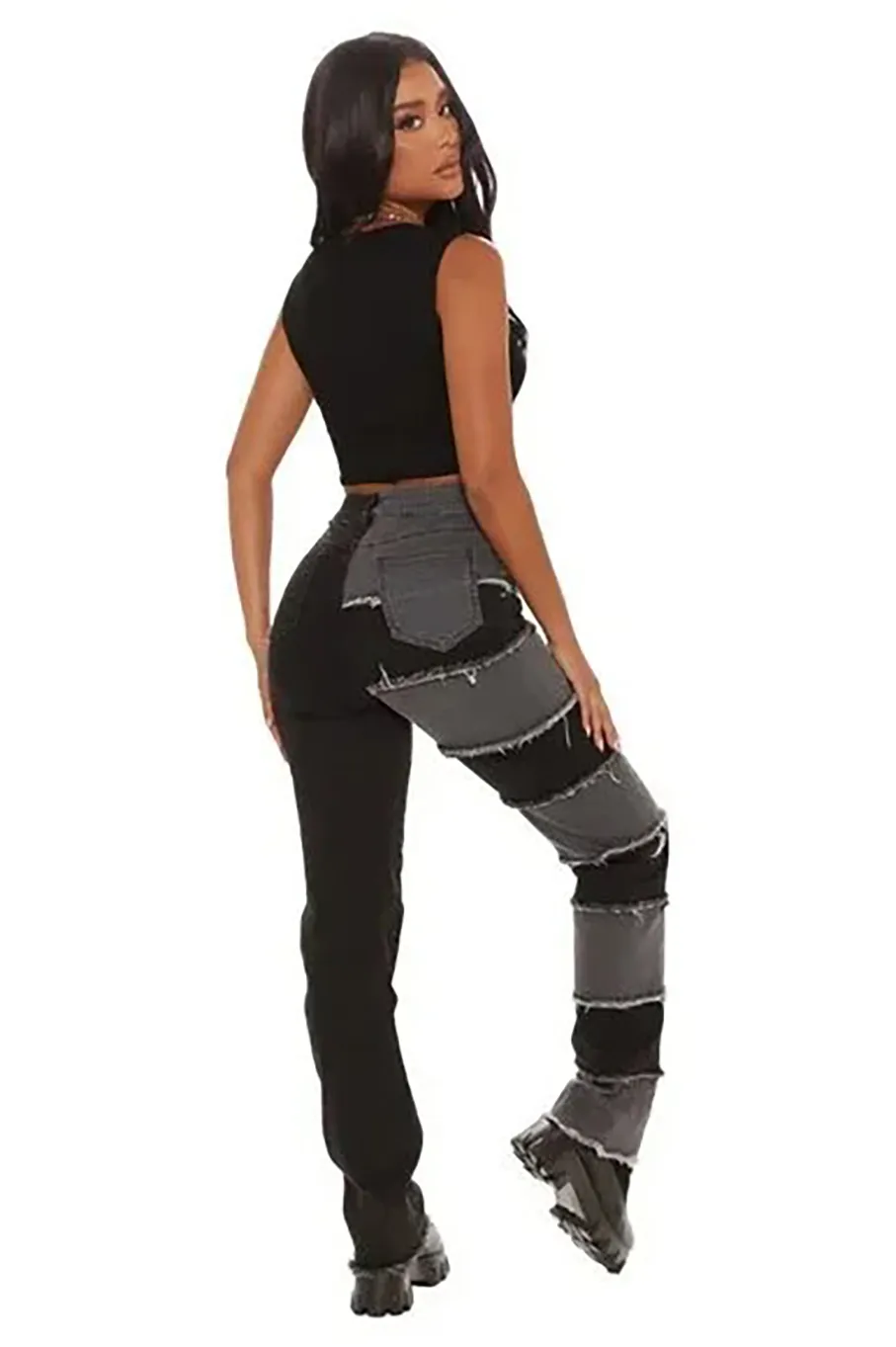 Breaking Barriers Patchwork Straight Leg Jeans - Black/Grey
