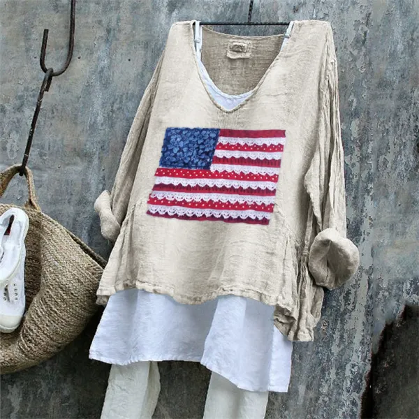 American Flag Fiber Art Patch Linen Tunic