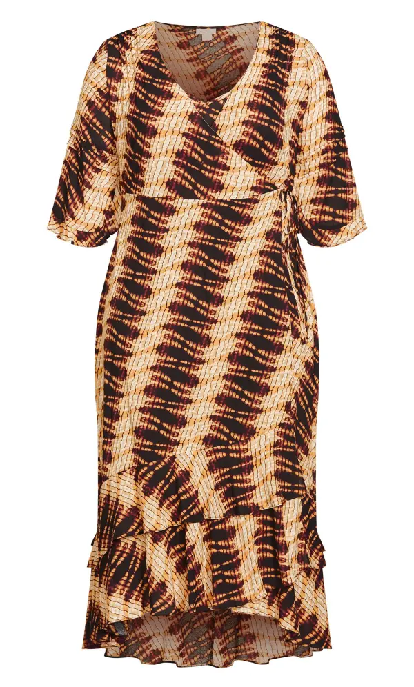 Evans Yellow & Brown Swirl Print Wrap Smock Maxi Dress