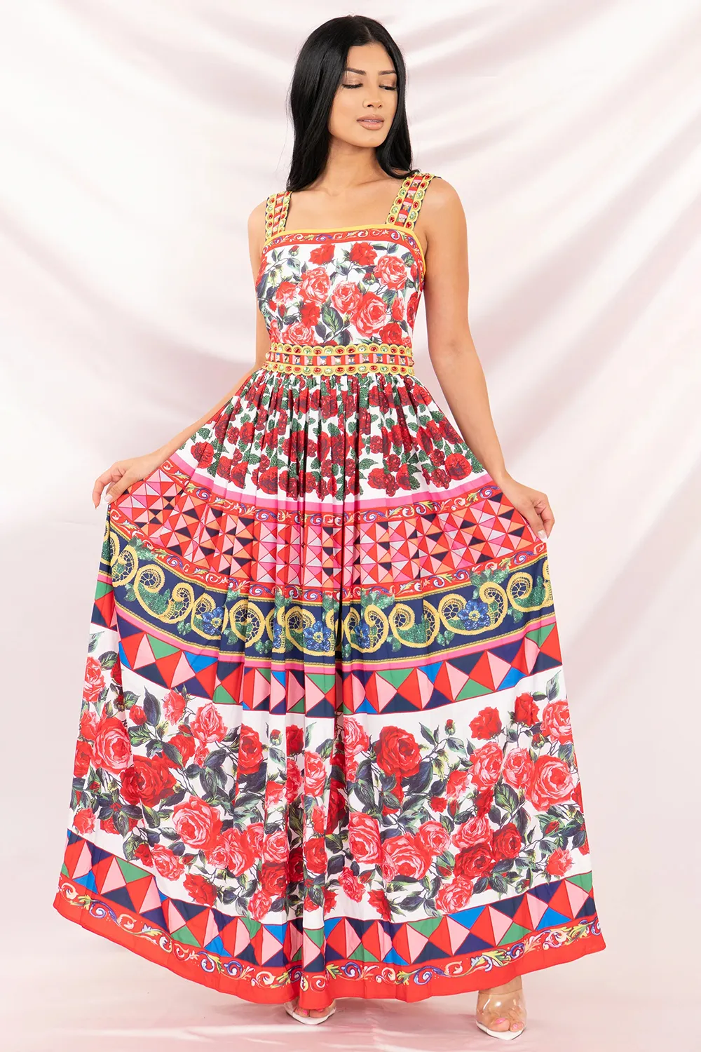 Fragmented Sleeveless Square Neck Printed Beaded Special Pleated Casual Dress