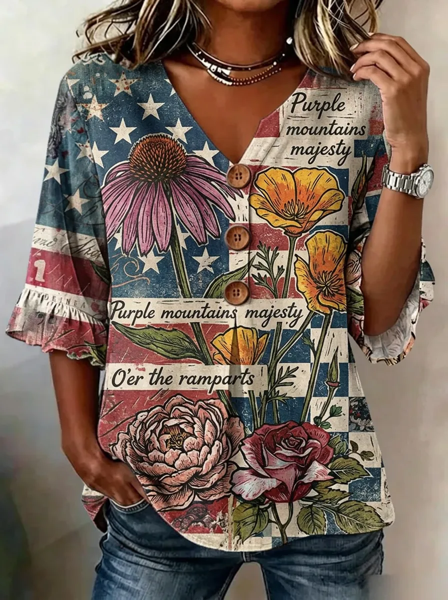 Women's Nashville Patriotic Floral Printed V-neck Button Top