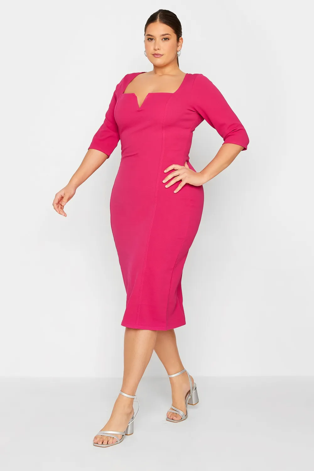 LTS Tall Bright Pink Notch Neck Midi Dress