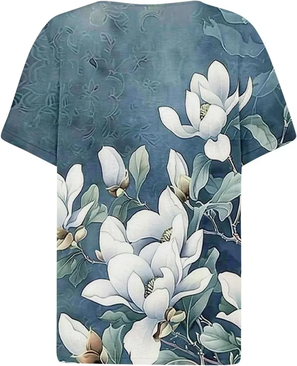 Shirts for Women Casual Printed Summer Tops Short-Sleeved Button V-Neck Tops Blouse Fashion Boho T-Shirts