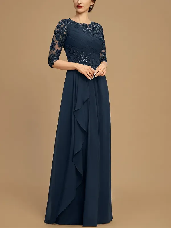 Round Neck Lace Solid Color Mesh Maxi Dress