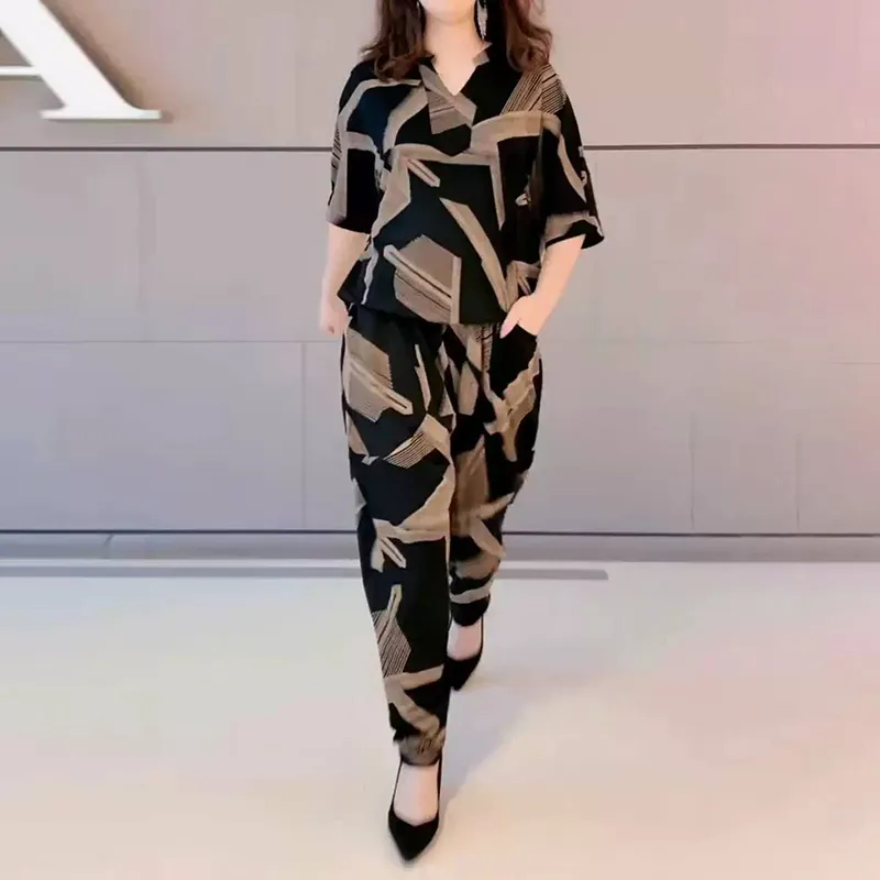 Loose Casual Square Print Mid Sleeve V Neck Two Piece Set