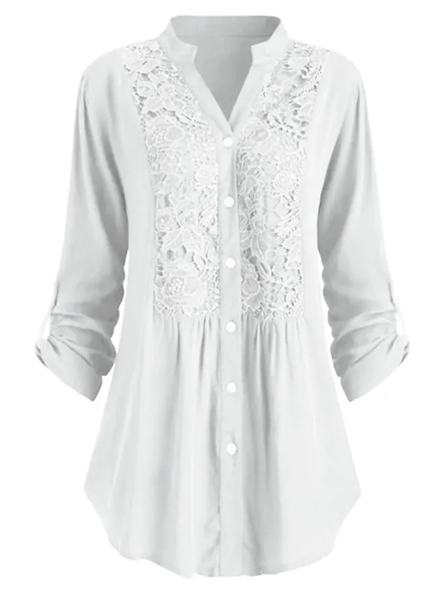 Women's Shirt Tunic Shirts Black White Wine Solid Color Floral Florals Lace Lace Trims Long Sleeve Daily Weekend Streetwear Casual Shirt Collar Regular Fit Spring Fall Winter