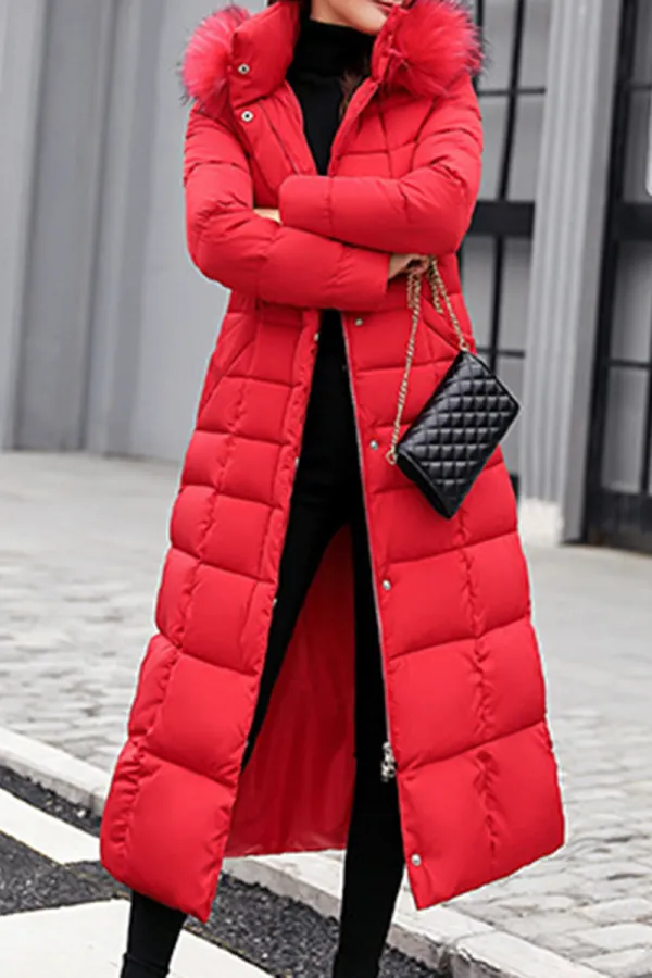 Hooded Fur Collar Belt Plain Coat